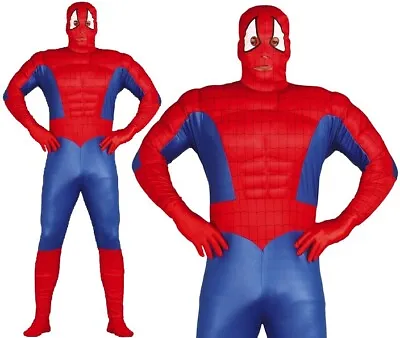 Mens Spider Superhero Fancy Dress Costume Stag Do Muscle Suit Blue Fg • £22.99