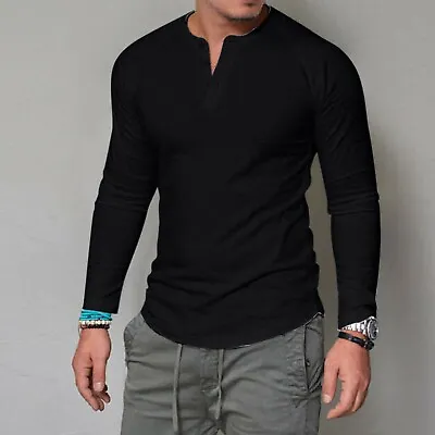 $16.84 • Buy Men's Solid Casual Round Neck Long Sleeve Tops Slim Pullover Button T-Shirt