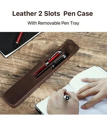 Pen Case Leather 2 Slots Fountain Pen Storage Box Office School Supplies Holder • £28.79