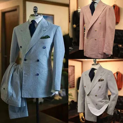 Leisure Seersucker Men Suit Double Breasted Wedding Groom Tuxedo Peak Lapel Coat • $77.18