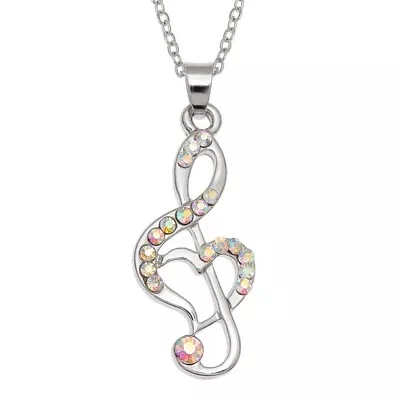 Crystal Treble Clef Necklace Silver Fashion Jewellery Music Note Gift Boxed • £7.95