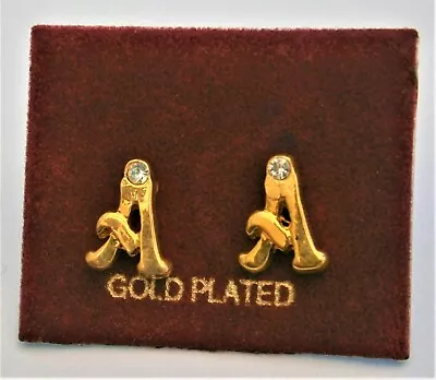 Z87A) Gold Plated Rhinestone Monogram Letter A. Name Stud Earrings • £4.50