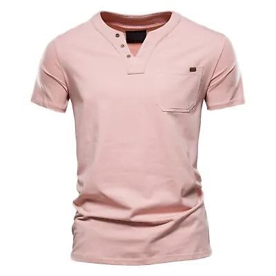 Mens Fashion Casual Solid Cotton V Neck Pocket Button Short Sleeve T Shirt Tops • $22.06