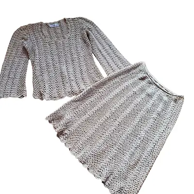 Vintage 60's 70's Tan Knit Crochet Boho Festival Matching Top And Midi Skirt Set • $75