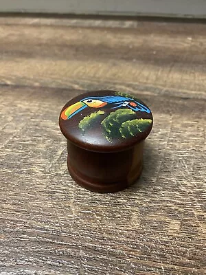 Heavy Wood Trinket/stash Box Handpainted Parrot Toucan Lid 3  Diameter 1 1/2  Up • $11.80