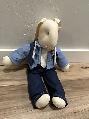 Vintage Handmade Rag Doll Rabbit 17” Jeans Vest Tie Button Eyes Yarn Whiskers • $25