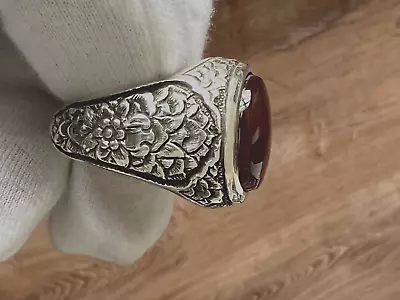 Handmade Engraved Men's Silver Ring With Genuine Yemani Aqeeq Stoneالحجر اليماني • $199