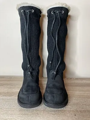 UGG Suburb Crochet Women's Knit Tall Boots Shearling Lined Black 5733 9 • $35.99