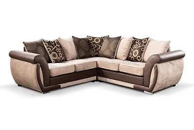 Fabric Corner Sofa 3+2 Armchair Beige Brown Faux Leather Arms Large Shannon • £279