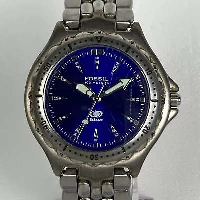 Fossil Watch Men Silver Tone 39mm Blue Dial New Battery WR 100M Round 7.75  • $24.99