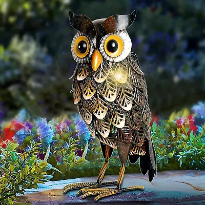 Garden Statue Metal Owl Yard Art Outdoor Decor With Solar LED Lights For Patio L • $60.99