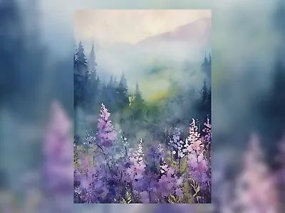 Lavender Field And Pine Trees Watercolor Painting Print - Nature Art Decor 5 X7  • £4.99