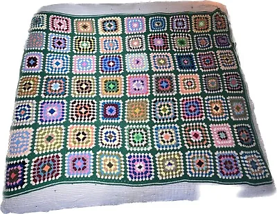 Vintage Crochet Granny Square Afghan Throw Green Hade Made 72x58 APPROX • $25