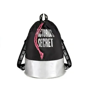 Victoria's Secret Drawstring Backpack Bag Tote Black & Silver  • $19.99