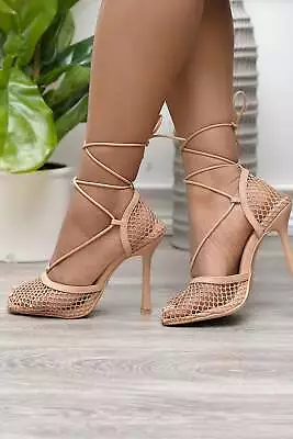 Mixx Shuz Envy Women's Square Toe Mesh Lace Up Heels Nude • $48