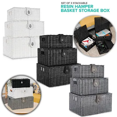 SET OF 3 Storage Baskets Resin Wicker Woven Hamper Box Lid & Lock Stackable UK • £19.95