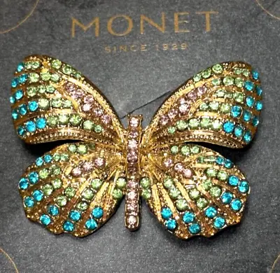 Rhinestone Brooch Butterfly Gold Tone Multi Color *NEW In Box* Monet FREE SHIP • $19.99