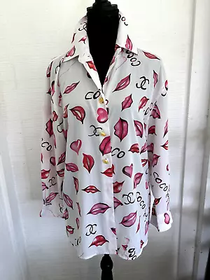 Vtg Coco  Chanel Iconic  'cc Lip 'silk Blouse France Sz M-l Long Sleeves White • $900