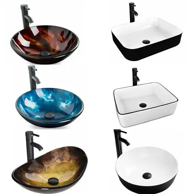 Bathroom Vessel Sink Basin Tempered Glass Ceramic Bowl Faucet Drain Basin Combo • $99.99