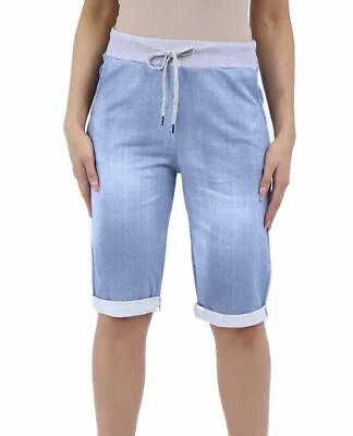 Women's Italian Shorts Ladies Elastic Waist Turn Up Summer Beach Holiday Pants • £9.90