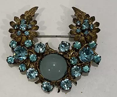 Miriam Haskell Beautiful Blue Glass Stone & Rhinestone Brooch • $120