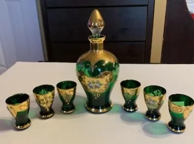 Emerald Green Decanter Set Hand Painted With 6 Shot Glasses Murano Possibly* • $91.50
