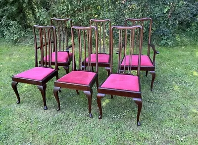 Antique Reproduction Queen Anne High Back Mahogany Drop Seat 6 X Dining Chairs • £130
