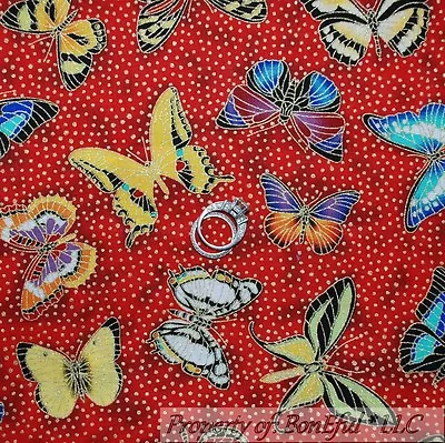 BonEful FABRIC FQ Cotton Quilt Red Gold Color Metallic Dot B&W Monarch Butterfly • $3.99
