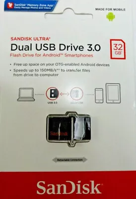 NEW SanDisk Ultra Dual USB Drive 3.0 Flash Drive For Android Smartphones 32GB • $24.40