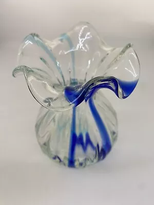Medium Art Glass Vase Clear With Cobalt Blue & Light Blue Swirls Bulb Shape 15cm • $20