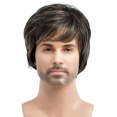 Men Male Dark Brown Mixed Natural Mid Age Short Wig Straight Synthetic Hair • $9.99