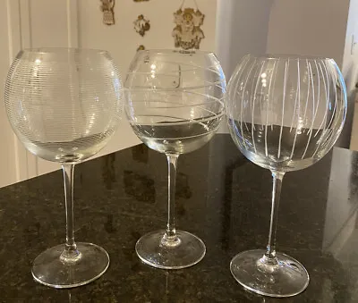 3 MIKASA 9  CHEERS 24oz Balloon Wine Glasses Goblets Etched Lines Stripes EUC • $28.95
