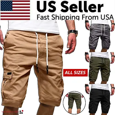 Men Casual Chino Cargo Shorts Elastic Waist Drawstring 6 Pockets Summer Trousers • $13.89