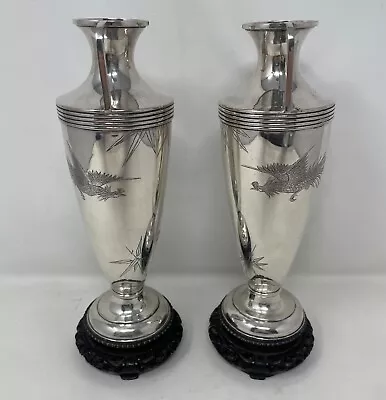 Antique Chinese Pair Of Solid Silver Trophy Vases Hawks And Chickens Yoksang • £94