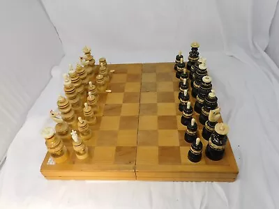 Vintage Mexican Tarascan Hand Carved Wood Bone Pulpit Chess Set Wooden Board • $74.99