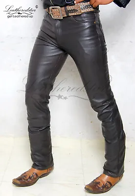 Men's Brown Leather Jeans Leather Pant 501 Style Fits Over Cowboy Boots R 42 • $175