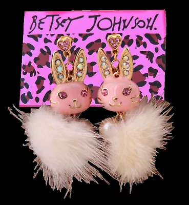 Betsey Johnson Crystal Pink Hearts Bunny Gold Drop Dangle Earrings Free Gift Bag • $28.99