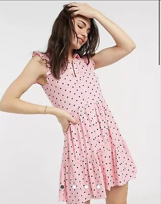 $14 • Buy STRADIVARIUS Size 6-8 ~ Pink Polka Dot Button Up Tiered Dress