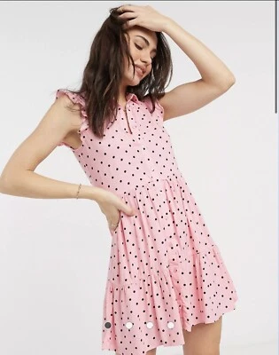 $14 • Buy STRADIVARIUS Size 6-8 ~ Pink Polka Dot Button Up Tiered Dress
