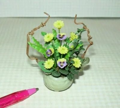 Miniature Yellow Mum And Pansy Arrangement In Green Pot: DOLLHOUSE 1:12 Flowers • $13.98
