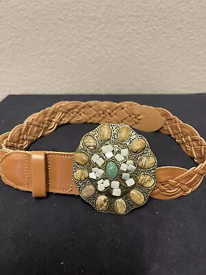 Cabi Brown Leather Belt Sz S Bronze Buckle 38” Stones Turquoise Braided • $25.99