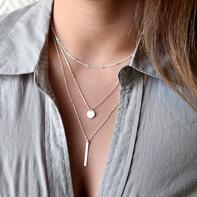 Womens Multi-layer Necklace Gold Or Silver Boho Long Chain Bar Pendant • £3.99