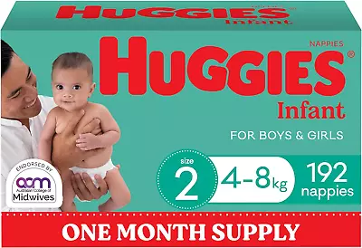 Huggies Infant Nappies Size 2 (4-8Kg) 192 Count - One Month Supply (Packaging Ma • $95.86
