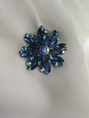 Vintage Juliana D&E Blue AB Navette Rhinestone Floral Brooch Pin • $32.99