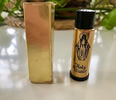 Vintage Glass Religious Holy Water Travel Flask Gold Bottle W/Mary 4  W/Box • $18.99