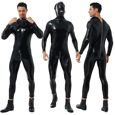 Men Wet Look Faux Leather Bodysuit Leotard Zipper Zentai Catsuit Stage Costume • £25.19