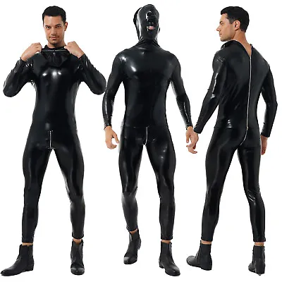 Mens Latex Zipper Back Jumpsuit Catsuit Nightclub Hooded Bodysuit Patent Leather • $23.91