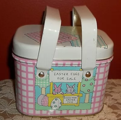 Vintage Easter Rabbits Eggs For Sale Small Lunchbox Style Tin 2 Handle Box & Lid • $8