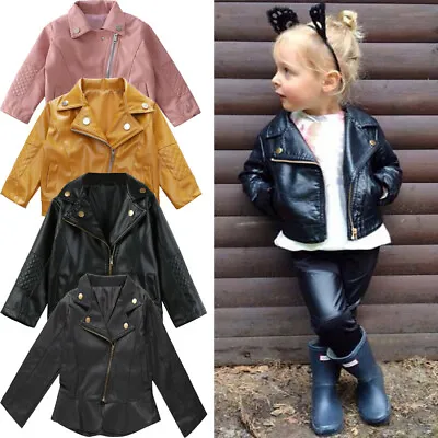 Girls Boys Faux Leather Coat Jacket Kids Cool Baby Biker Zip Up Outwear Jeckets • £15.98