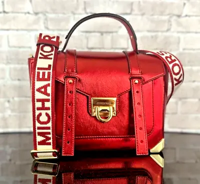 MICHAEL KORS MANHATTAN MEDIUM SATCHEL CROSSBODY SHOULDER BAG $598 Metalic Red • $119